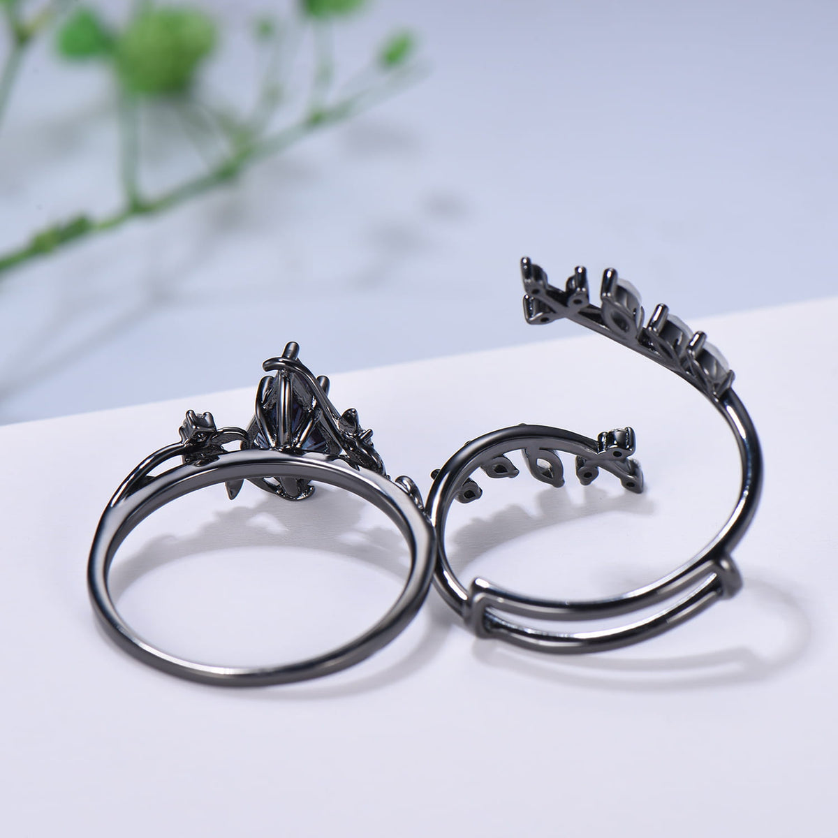 Gothic Black Gold 1.5CT Kite Cut Starburst Alexandrite Moonstone Engagement Ring Set
