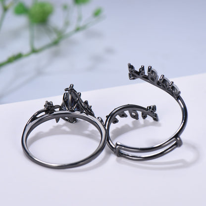 Gothic Black Gold 1.5CT Kite Cut Starburst Alexandrite Moonstone Engagement Ring Set