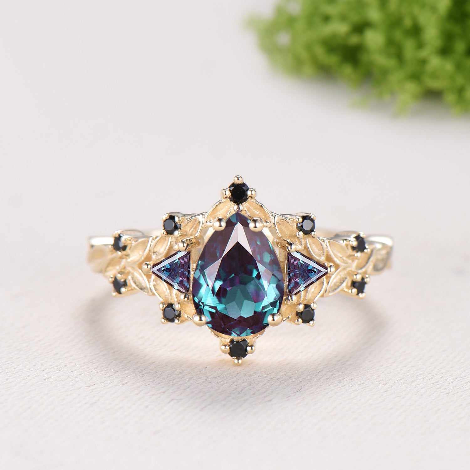 Vintage Pear Alexandrite Engagement Ring Set, 14k Rose Gold, Black Spinel Leaf Vine