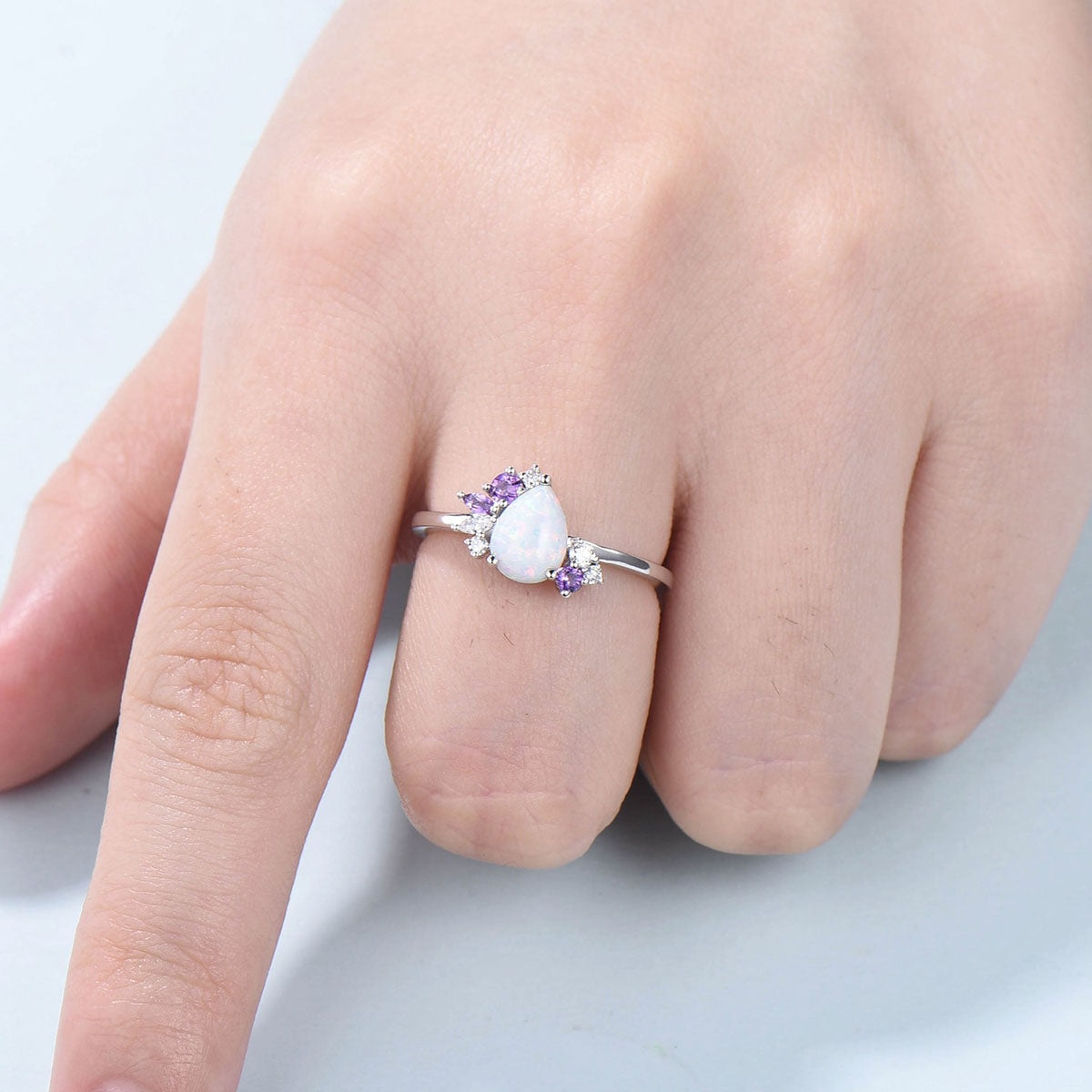 Unique fire opal engagement ring Vintage Teardrop white opal bridal ring silver alternative cluster amethyst wedding ring anniversary gift - PENFINE