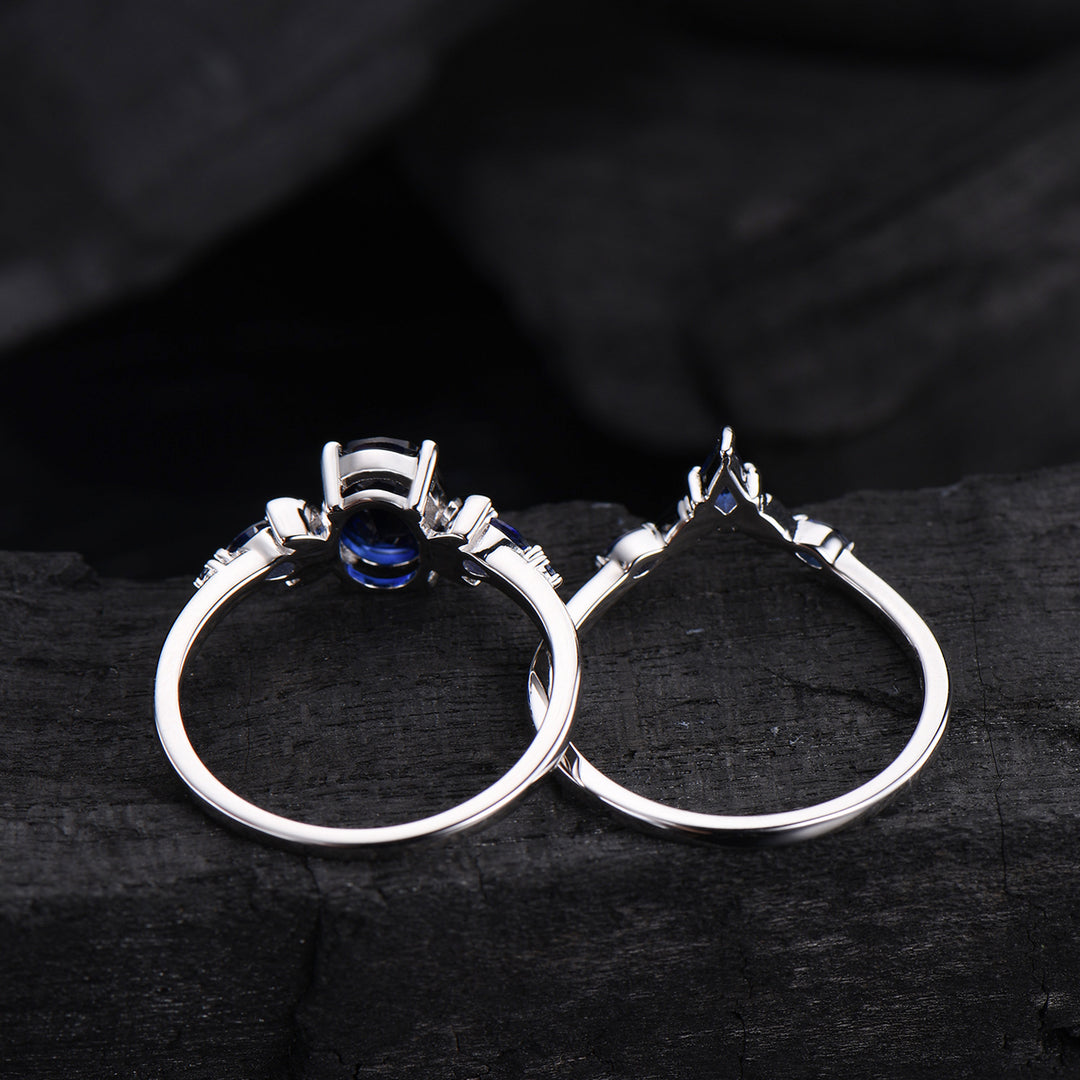 1.5 Carat oval blue sapphire engagement ring set vintage five stone moon engagement ring Elegant white gold pear sapphire wedding ring set - PENFINE