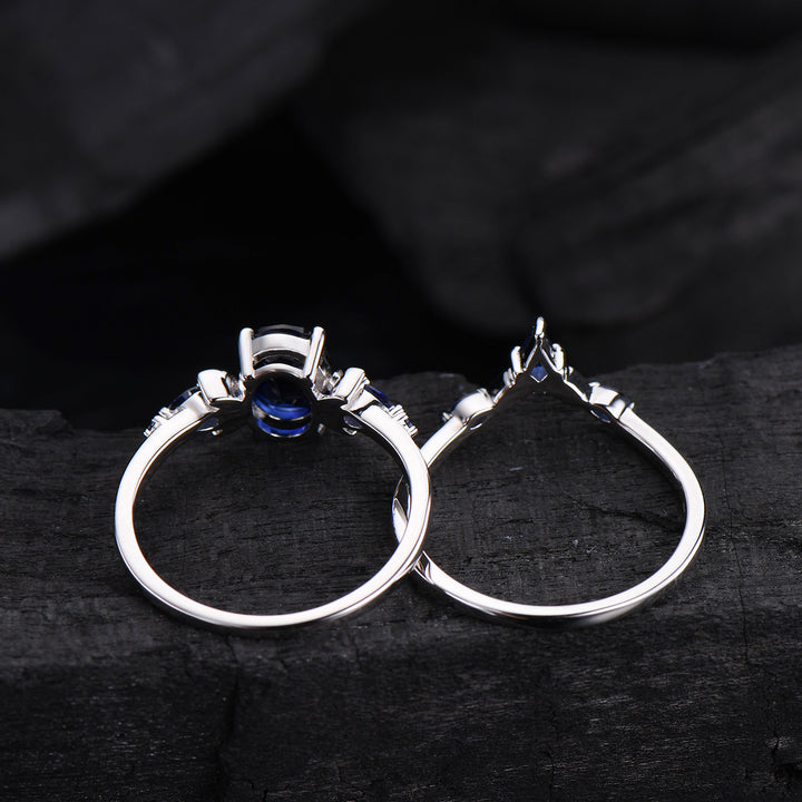 1.5 Carat oval blue sapphire engagement ring set vintage five stone moon engagement ring Elegant white gold pear sapphire wedding ring set - PENFINE