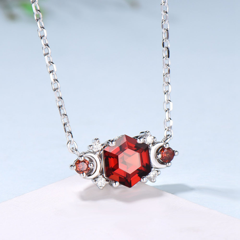 Vintage hexagon garnet pendant necklace cluster moissanite moon pendant necklace 14k/18k rose gold garnet necklace promise gift for women - PENFINE