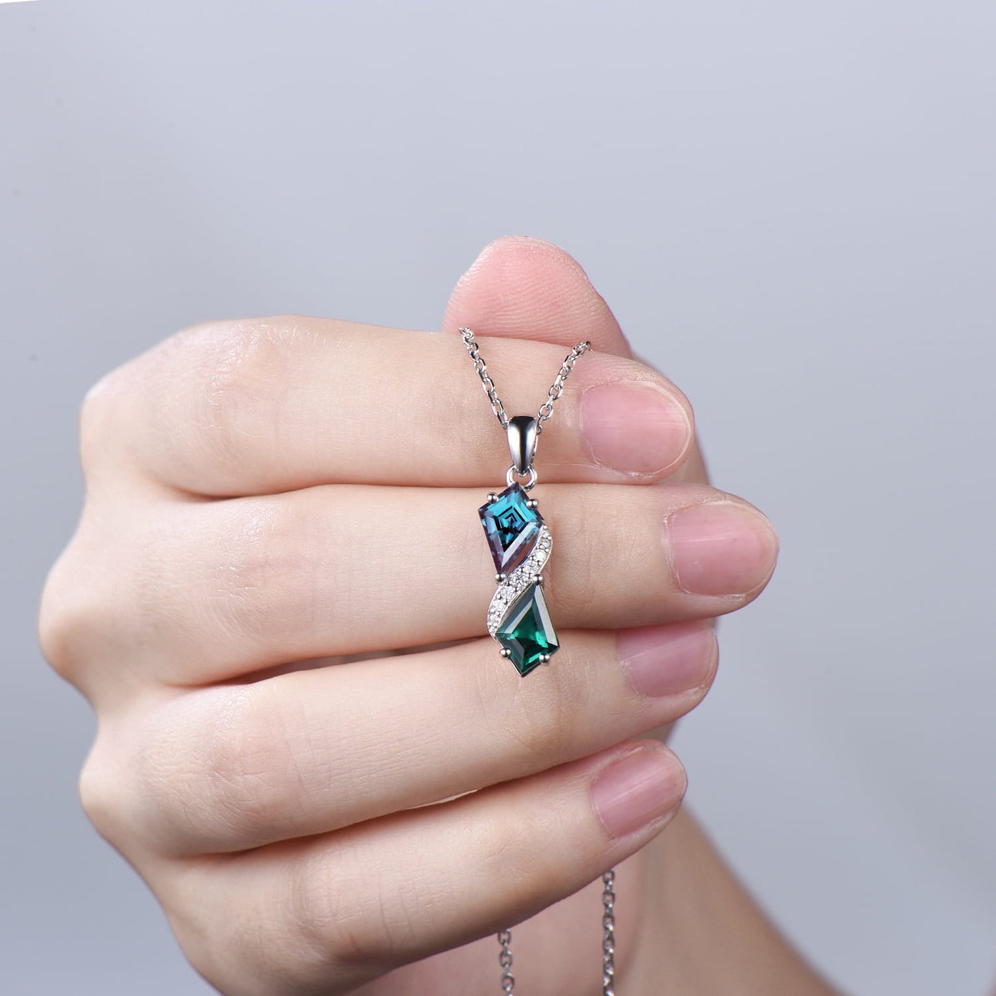 Two-Tone Kite Cut Alexandrite and Emerald Necklace Pendant | White Gold Moissanite Accent Snake Necklace - PENFINE