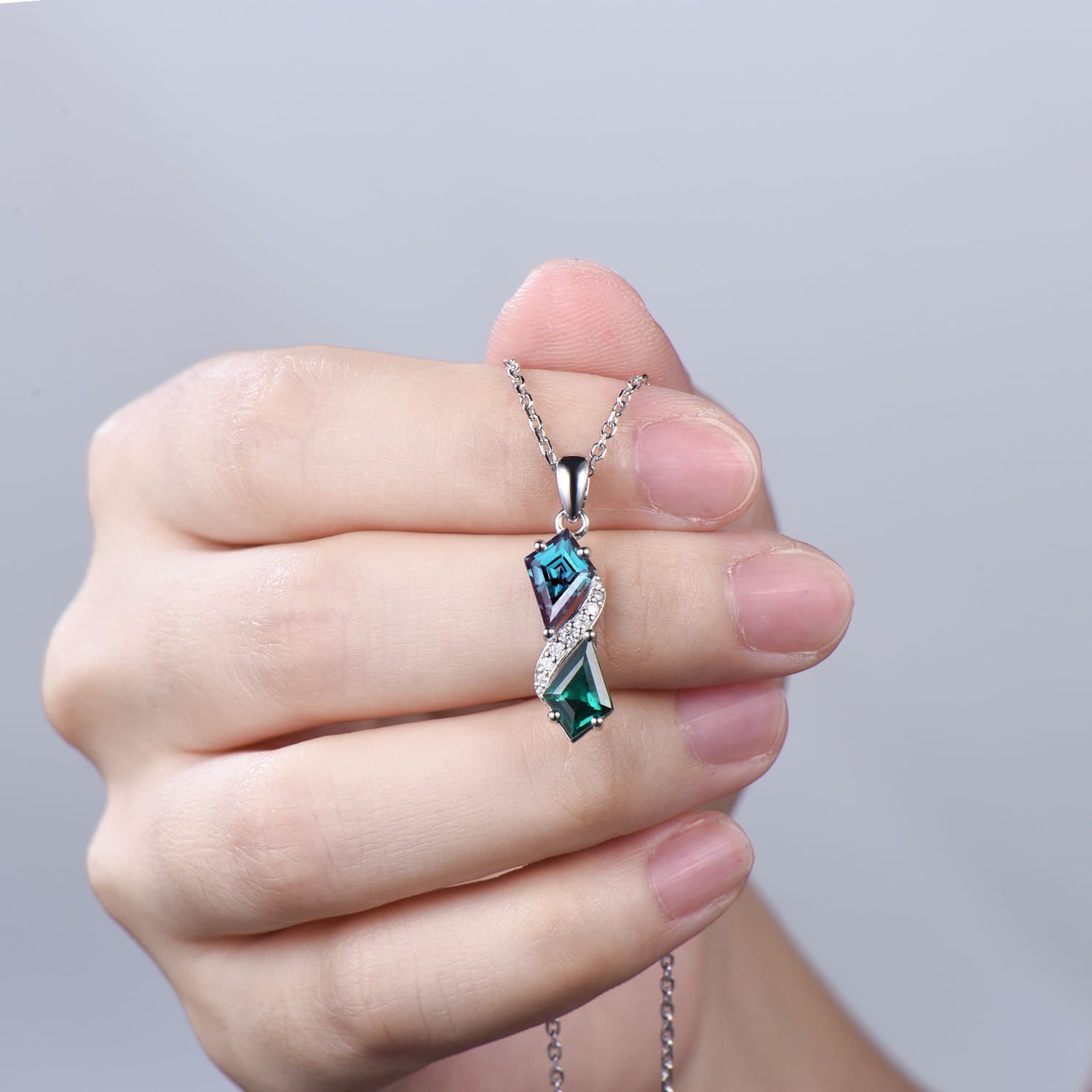 Two-Tone Kite Cut Alexandrite and Emerald Necklace Pendant | White Gold Moissanite Accent Snake Necklace - PENFINE