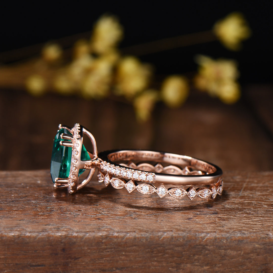 3ct Cushion Emerald Wedding Ring Set, May Birthstone Engagement Ring,Rose Gold Halo Diamond Bridal Set, Art Deco Full Eternity Milgrain Band