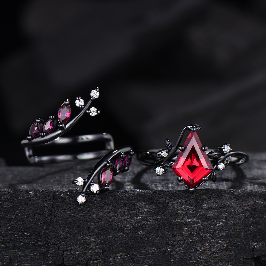 Unique gothic kite cut ruby engagement ring set black gold cluster engagement ring leaf branch nature inspired marquise ruby wedding set