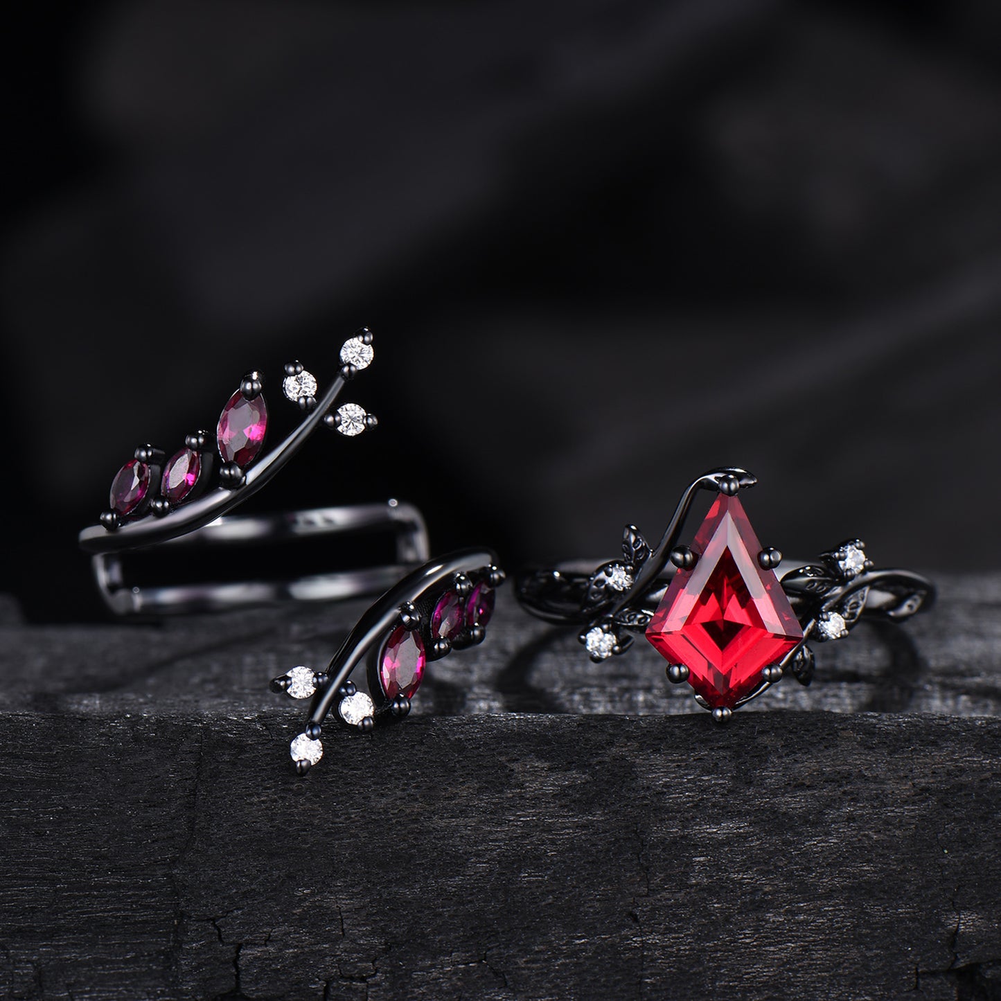 Unique gothic kite cut ruby engagement ring set black gold cluster engagement ring leaf branch nature inspired marquise ruby wedding set