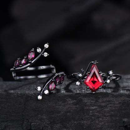 Unique gothic kite cut ruby engagement ring set black gold cluster engagement ring leaf branch nature inspired marquise ruby wedding set