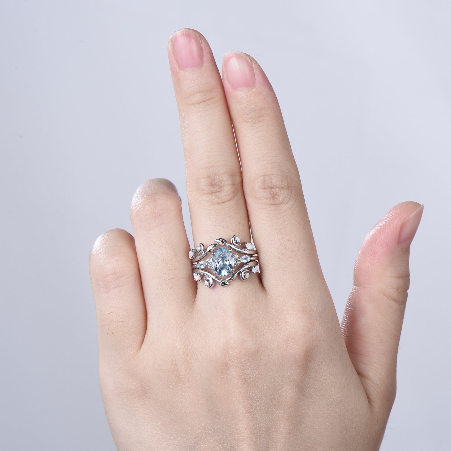 Vintage Oval Aquamarine Engagement Ring Set Leaf Bine Aquamarine Wedding Ring March Birthstone Double Curved Moon Opal Twig Bridal Set women