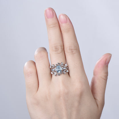 Vintage Oval Aquamarine Engagement Ring Set Leaf Bine Aquamarine Wedding Ring March Birthstone Double Curved Moon Opal Twig Bridal Set women