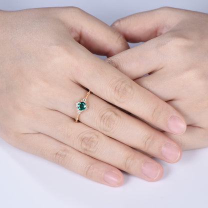 Vintage Round 0.5CT Emerald Engagement Ring, Art Deco Milgrain Band