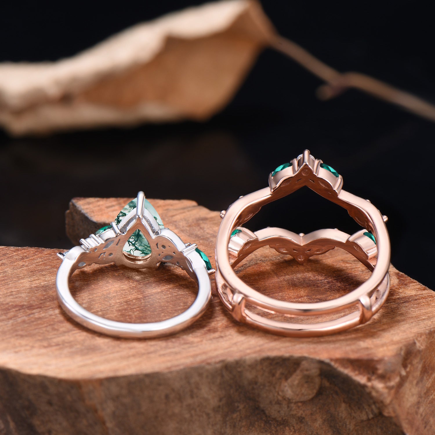 Pear Cut Moss Agate Engagement Ring Set Rose Gold Emerald Cluster Enhancer Bridal Set