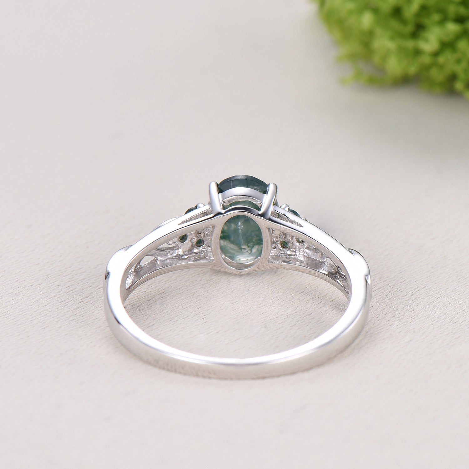 Celtic Knot Oval Natural Moss Agate Engagement Ring Solid 14K/18K White Gold Unique Infinity Ring Cluster Wedding Ring Anniversary gifts