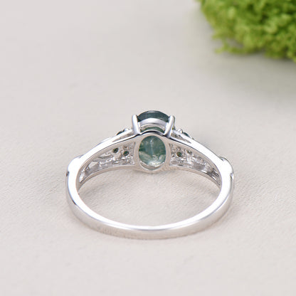 Celtic Knot Oval Natural Moss Agate Engagement Ring Solid 14K/18K White Gold Unique Infinity Ring Cluster Wedding Ring Anniversary gifts