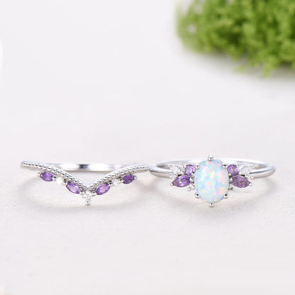 Unique White Opal Engagement Ring Set Alternative Cluster Amethyst Fire Opal Wedding Ring Vintage  Bee Opal Amethyst Bridal Set For Women