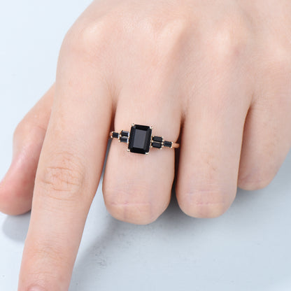 Natural Emerald Cut Black Onyx Engagement Ring Cluster Baguette Rose Gold Black Gemstone Wedding Ring Antique Anniversary Gift For Women - PENFINE