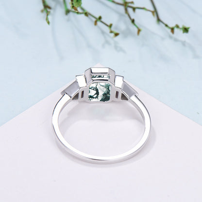 Bezel Set Emerald Cut Moss Agate Engagement Ring Five Stone Baguette Opal & Trillian Alexandrite Wedding Anniversary Ring - PENFINE
