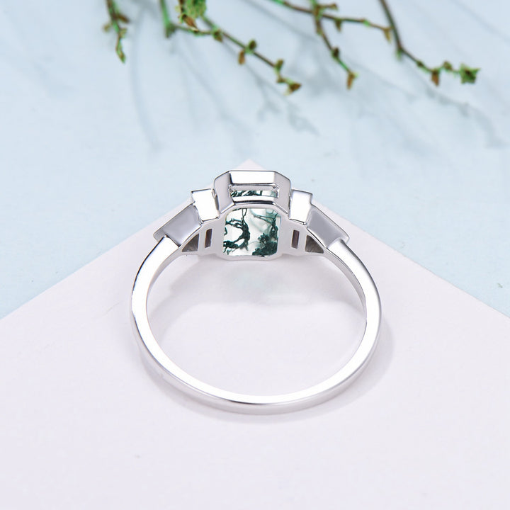 Bezel Set Emerald Cut Moss Agate Engagement Ring Five Stone Baguette Opal & Trillian Alexandrite Wedding Anniversary Ring - PENFINE