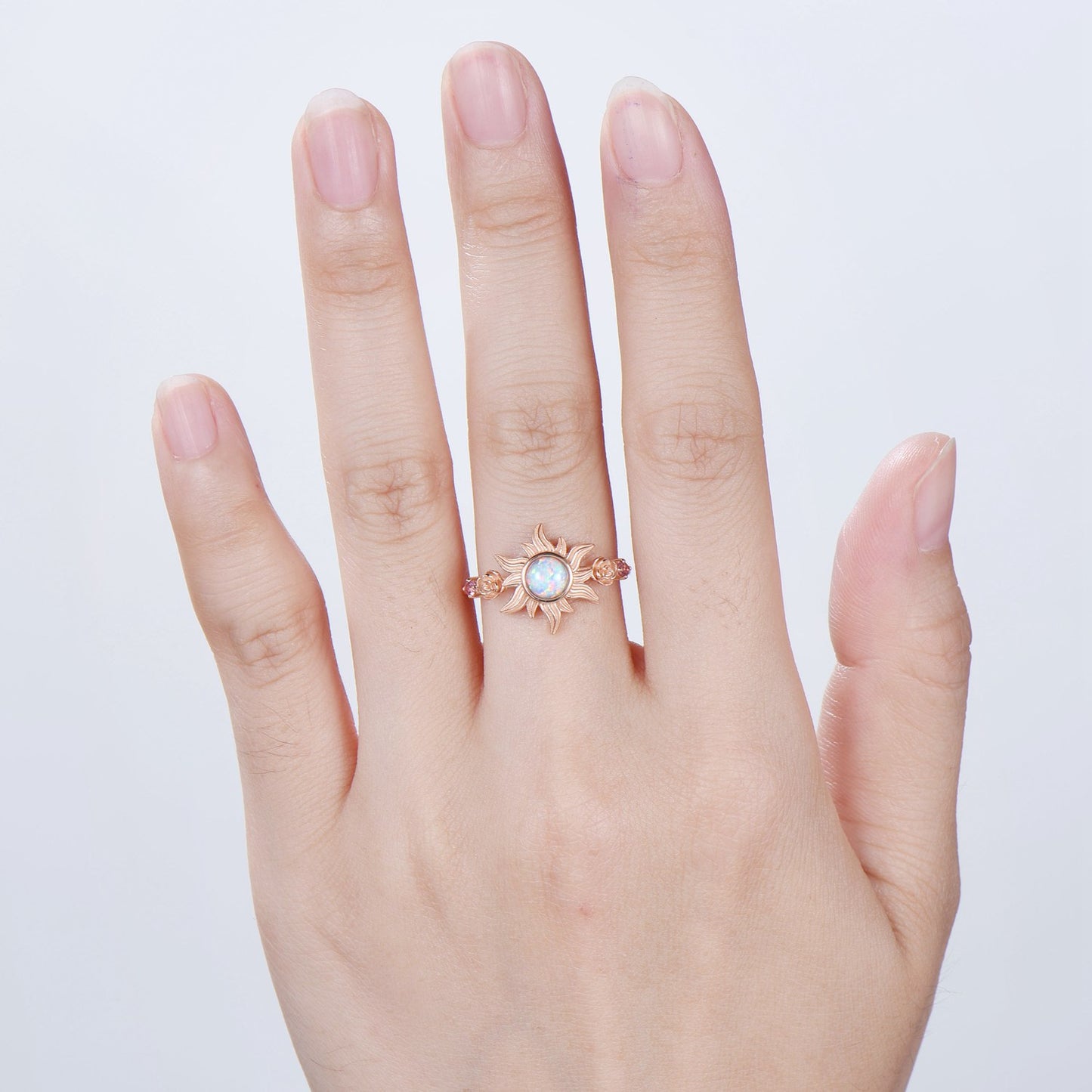 Sunflower ring round fire opal engagement ring nature inspired pink tourmaline wedding ring vintage flower anniversary promise ring for wife - PENFINE