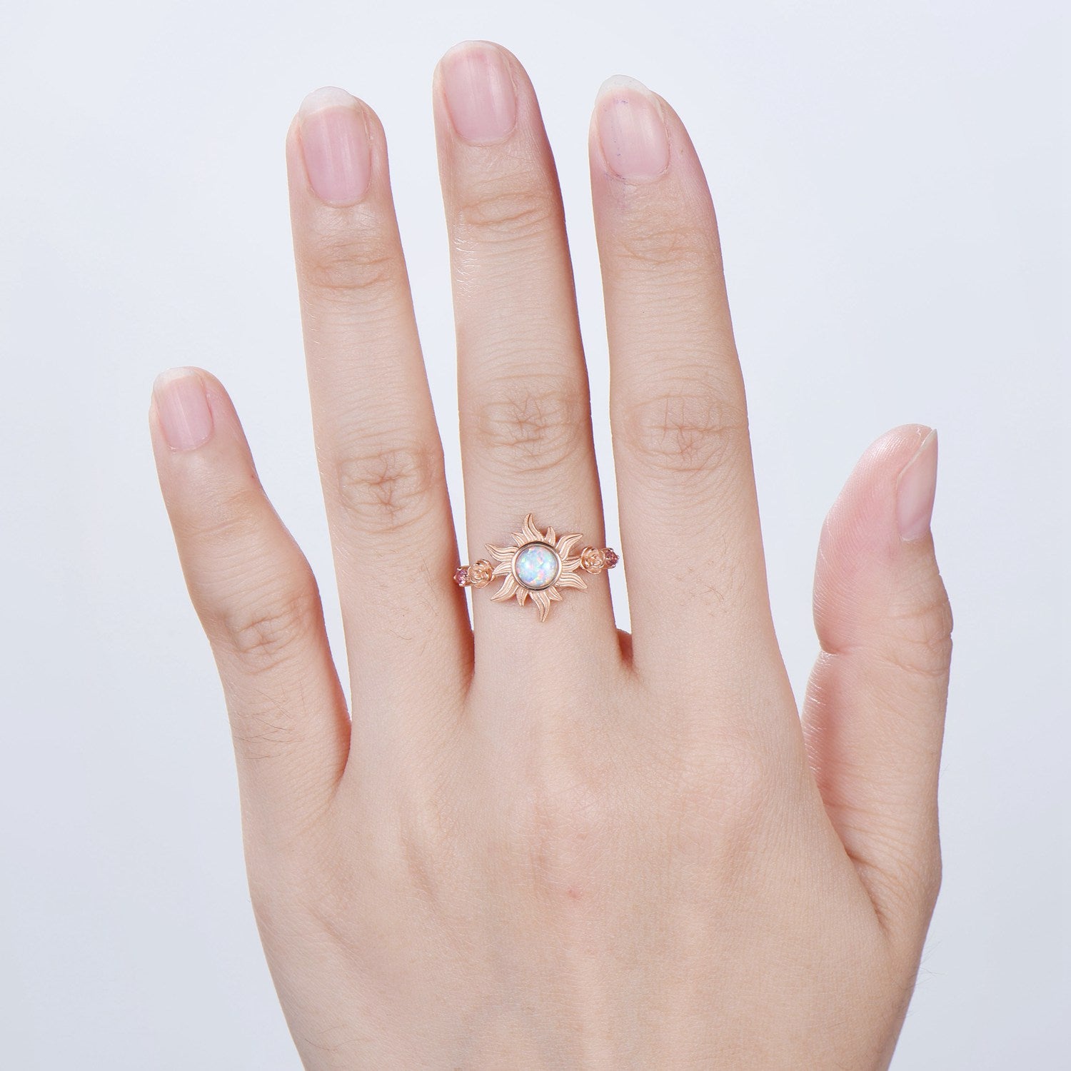 Sunflower ring round fire opal engagement ring nature inspired pink tourmaline wedding ring vintage flower anniversary promise ring for wife - PENFINE