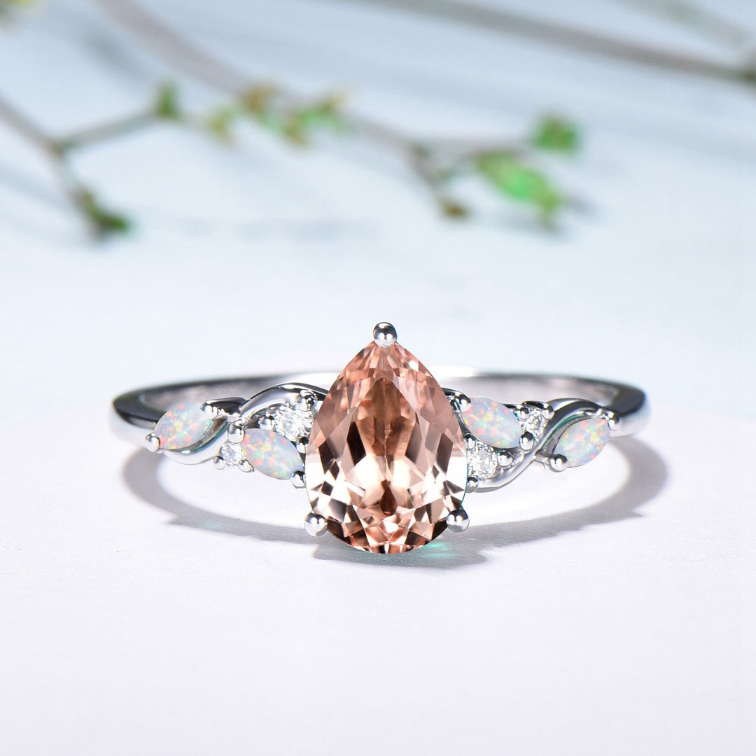 Pear Shaped Natural Morganite Opal Engagement Ring Set: The Fae Queen's Teardrop Nesting Ring - PENFINE