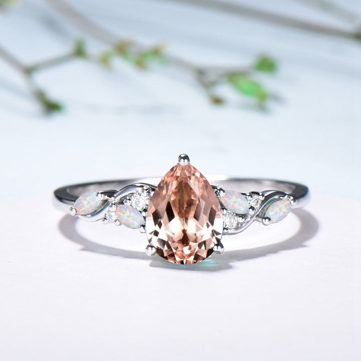 Pear Shaped Natural Morganite Opal Engagement Ring Set: The Fae Queen's Teardrop Nesting Ring - PENFINE