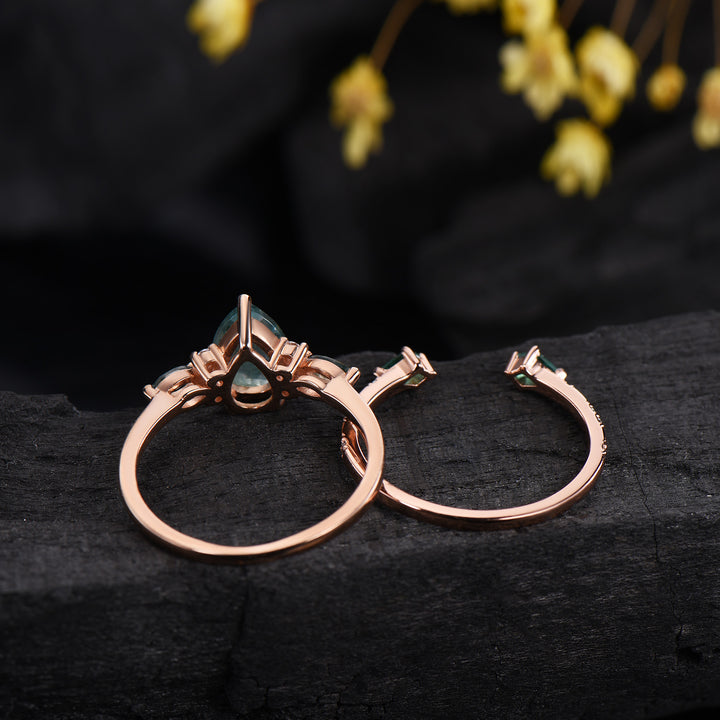 Vintage Pear Shaped Natural Moss Agate Engagement Ring Set 14K Rose Gold Marquise Emerald Opal Wedding Bridal Set Unique Anniversary Gift