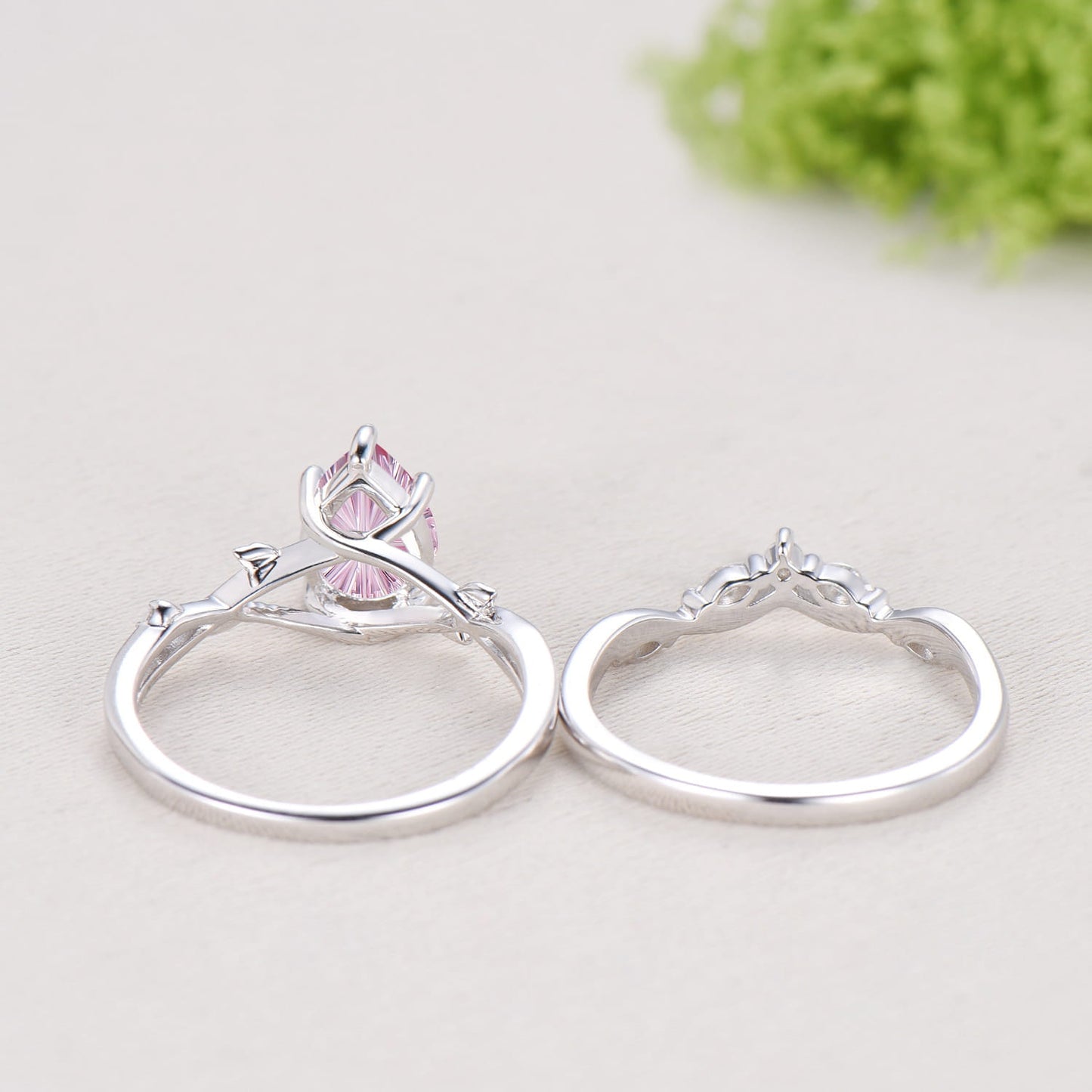 New Starburst Cut Padparadscha Sapphire Engagement Ring Set: Nature Inspired Leaf Twig Bridal Set