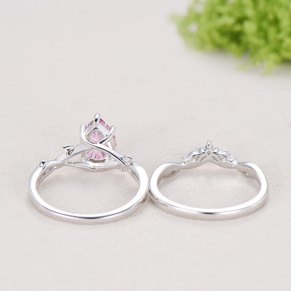 New Starburst Cut Padparadscha Sapphire Engagement Ring Set: Nature Inspired Leaf Twig Bridal Set