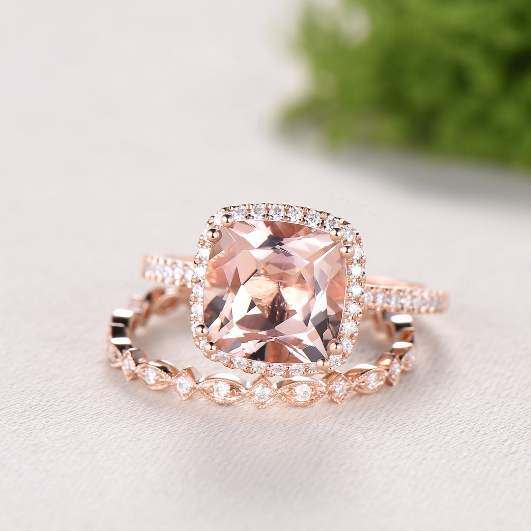 3ct cushion cut natural morganite engagement ring set Vintage 14k rose gold bridal ring set Full eternity Milgrain matching band - PENFINE