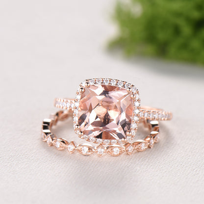3ct cushion cut natural morganite engagement ring set Vintage 14k rose gold bridal ring set Full eternity Milgrain matching band - PENFINE
