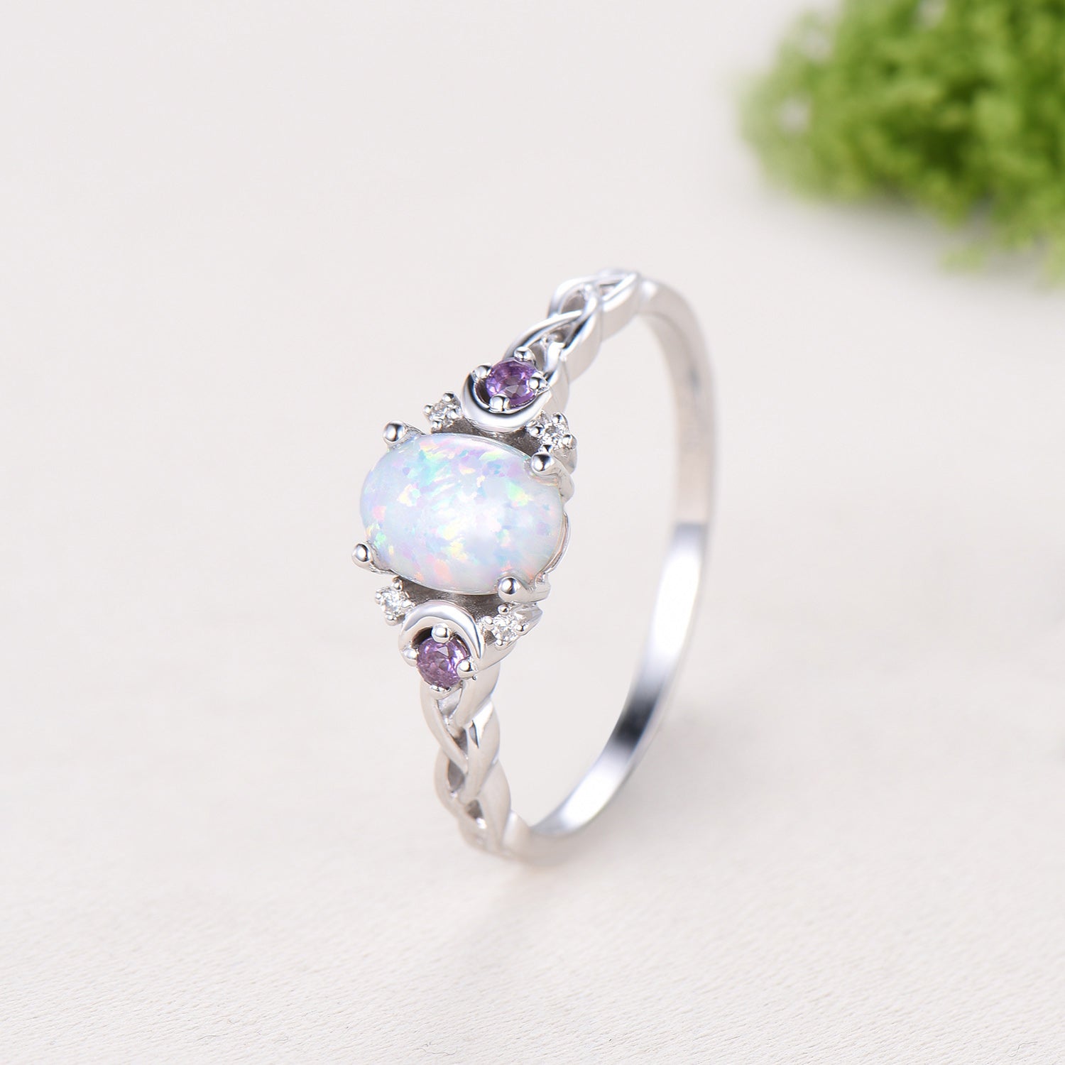 Norse Viking Opal Ring 1.5 Carat Oval Opal Moon Engagement Ring Cluster Amethyst Moissanite Wedding Band Alternative October Birthstone Gift