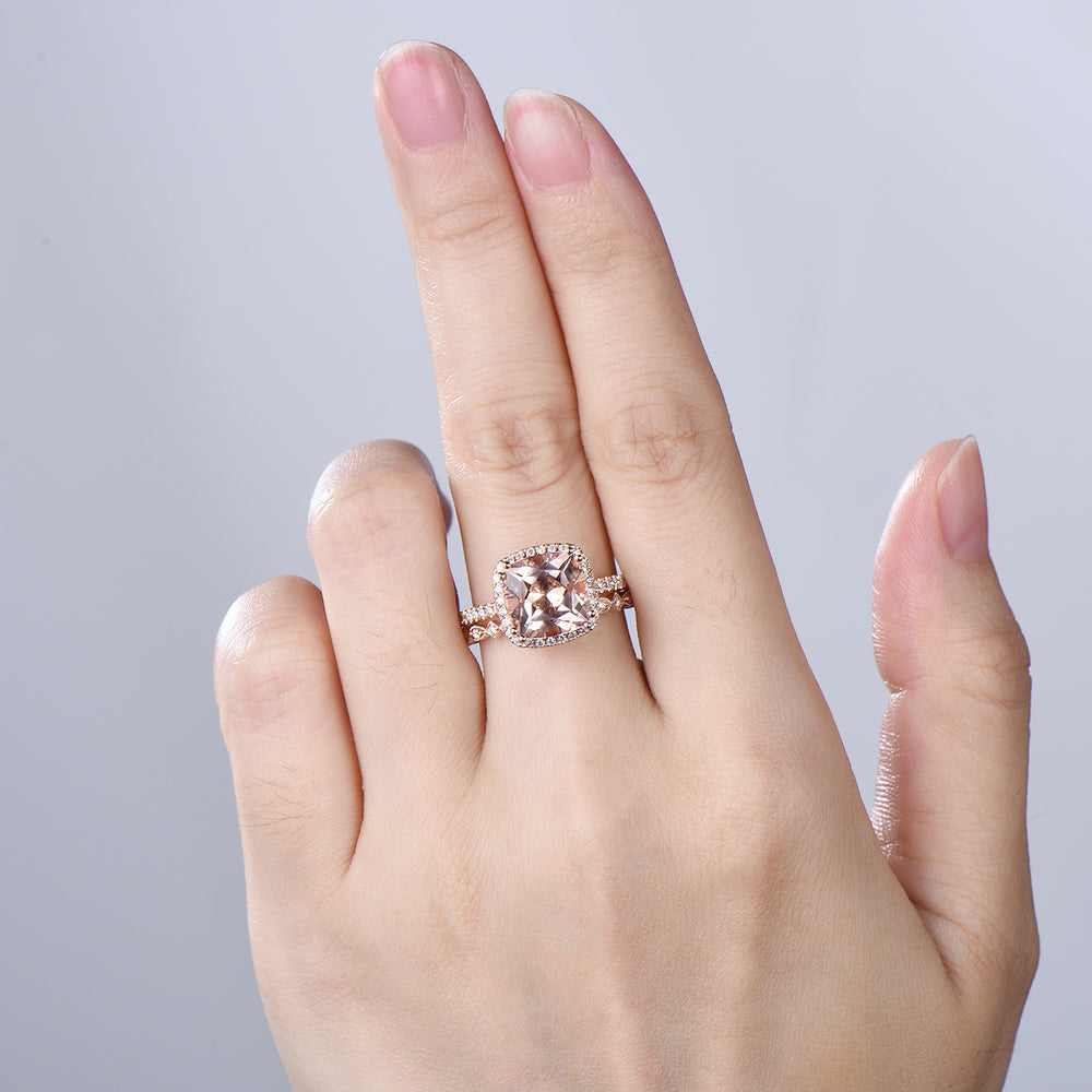 3ct cushion cut natural morganite engagement ring set Vintage 14k rose gold bridal ring set Full eternity Milgrain matching band - PENFINE