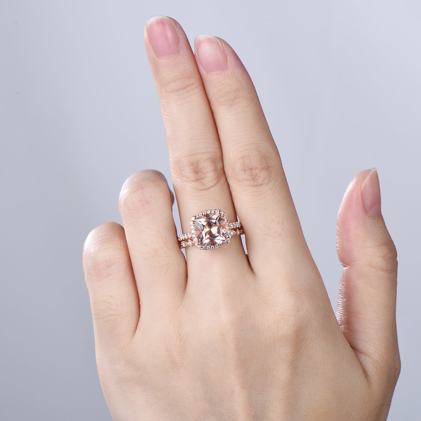 3ct cushion cut natural morganite engagement ring set Vintage 14k rose gold bridal ring set Full eternity Milgrain matching band - PENFINE