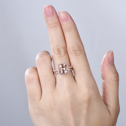 3ct cushion cut natural morganite engagement ring set Vintage 14k rose gold bridal ring set Full eternity Milgrain matching band - PENFINE