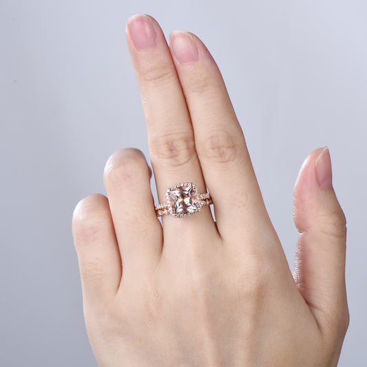 3ct cushion cut natural morganite engagement ring set Vintage 14k rose gold bridal ring set Full eternity Milgrain matching band - PENFINE