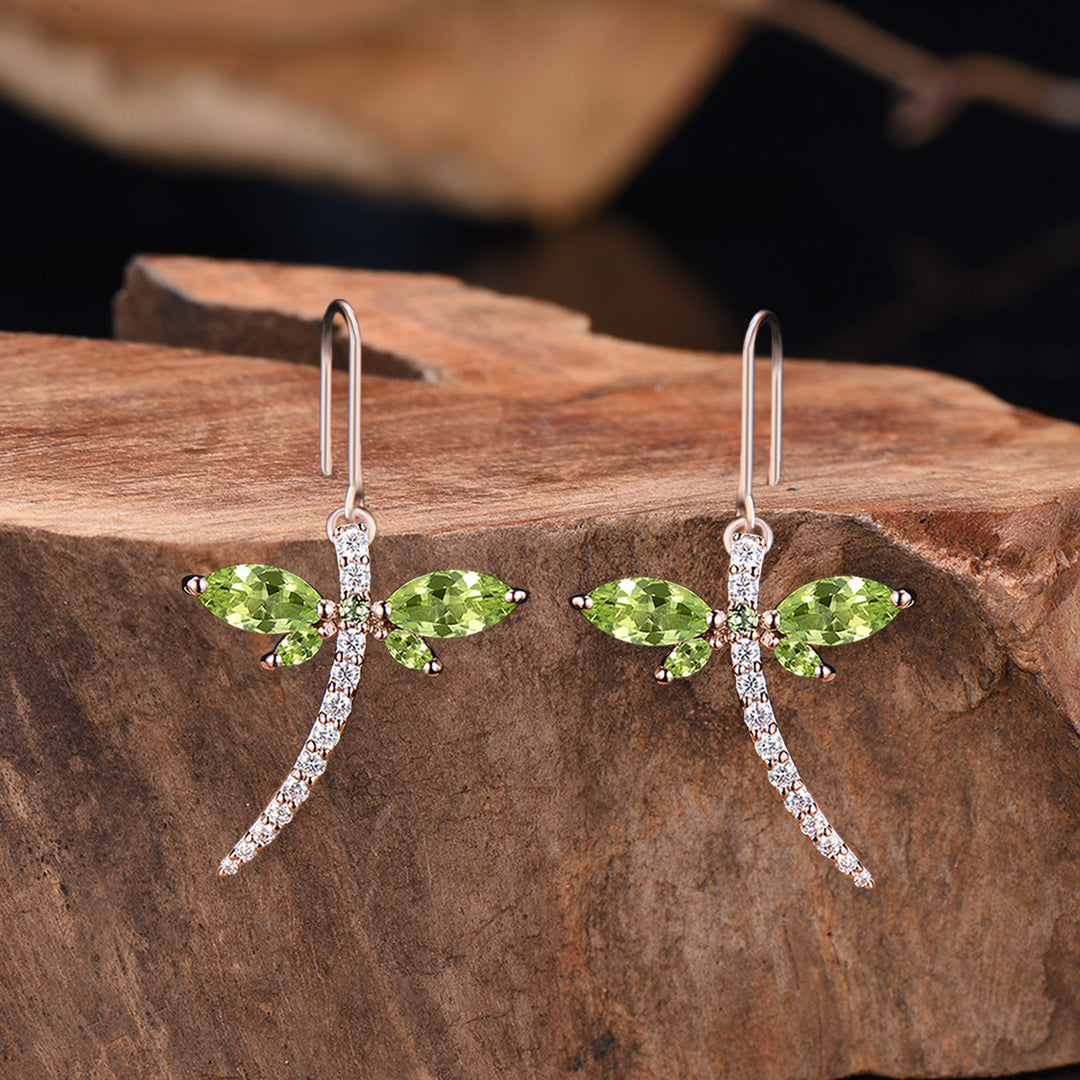 Elegant dragonfly earrings Unique marqusie cut peridot necklace pendant - PENFINE