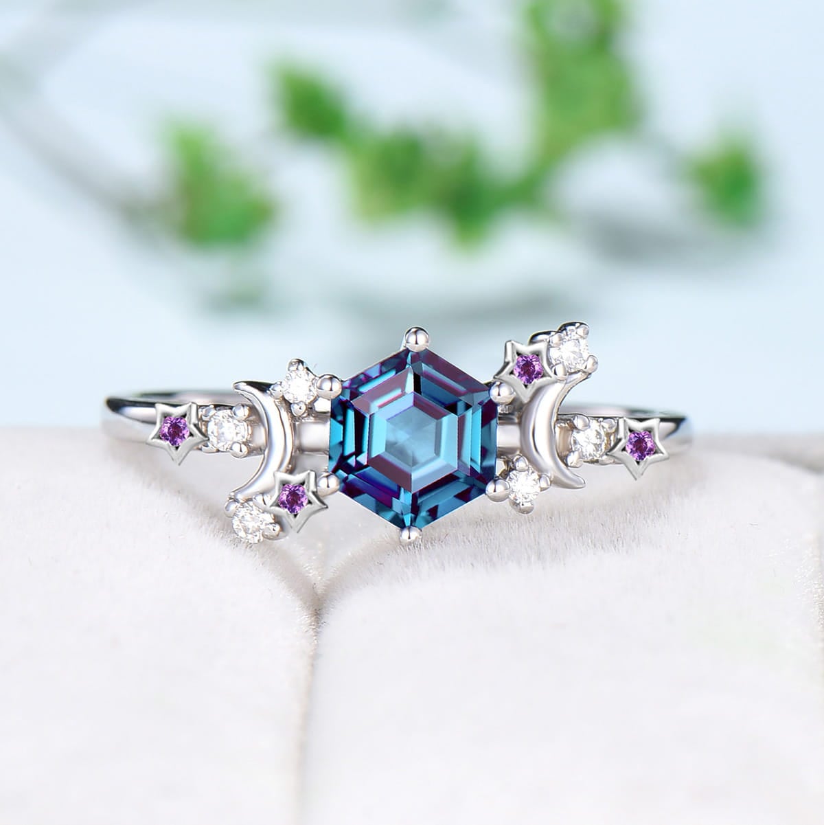Vintage alexandrite engagement ring crescent moon hexagon cut color change  promise ring Unique cluster star amethyst anniversary ring Women - PENFINE