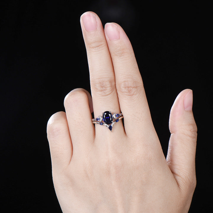 1.5 Carat oval blue sapphire engagement ring set vintage five stone moon engagement ring Elegant white gold pear sapphire wedding ring set - PENFINE