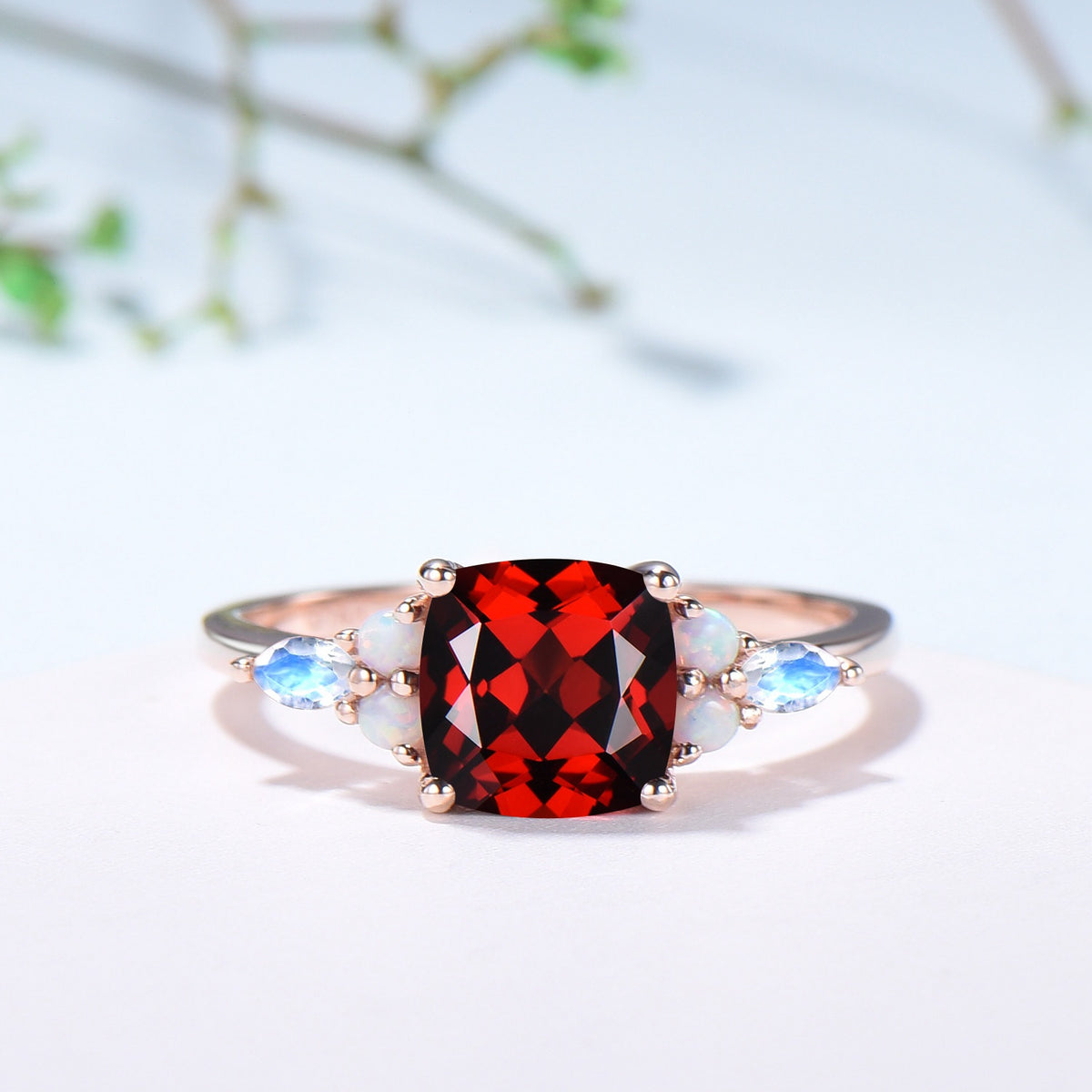 Vintage Garnet Ring For Women Cushion Garnet Engagement Ring Set Unique Opal Moonstone Wedding Ring Curved Moissanite Band Anniversary Gift - PENFINE