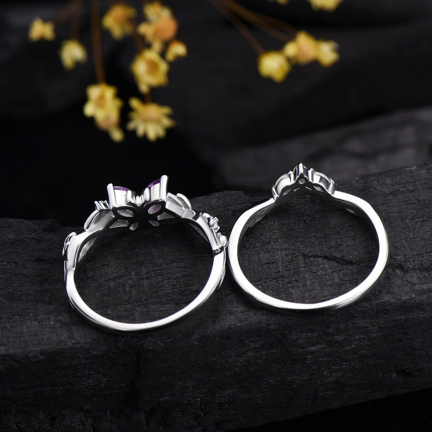 Nature inspired amethyst engagement ring set Twig leaf vine butterfly wedding set rose gold opal moissanite stacking bridal ring set women