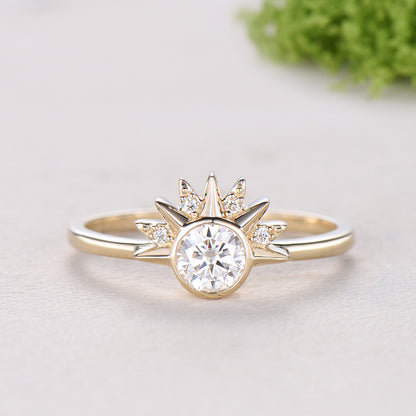 Unique 0.5 Carat Moissanite Ring Crescent Moon Moissanite Engagement Ring Set Sun And Moon Wedding Ring Art Deco Star Bridal Ring Set Women