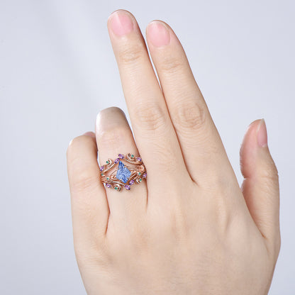 Kite Shaped Fantasy Cut Cornflower Blue Sapphire Twisted Ring Set Amethyst Emerald Enhancer Band