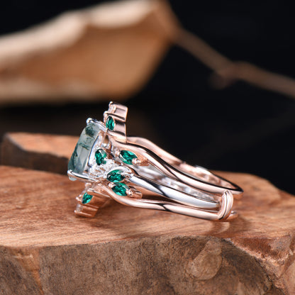 Pear Cut Moss Agate Engagement Ring Set Rose Gold Emerald Cluster Enhancer Bridal Set
