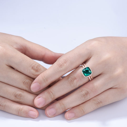 3ct Cushion Emerald Wedding Ring Set, May Birthstone Engagement Ring,Rose Gold Halo Diamond Bridal Set, Art Deco Full Eternity Milgrain Band