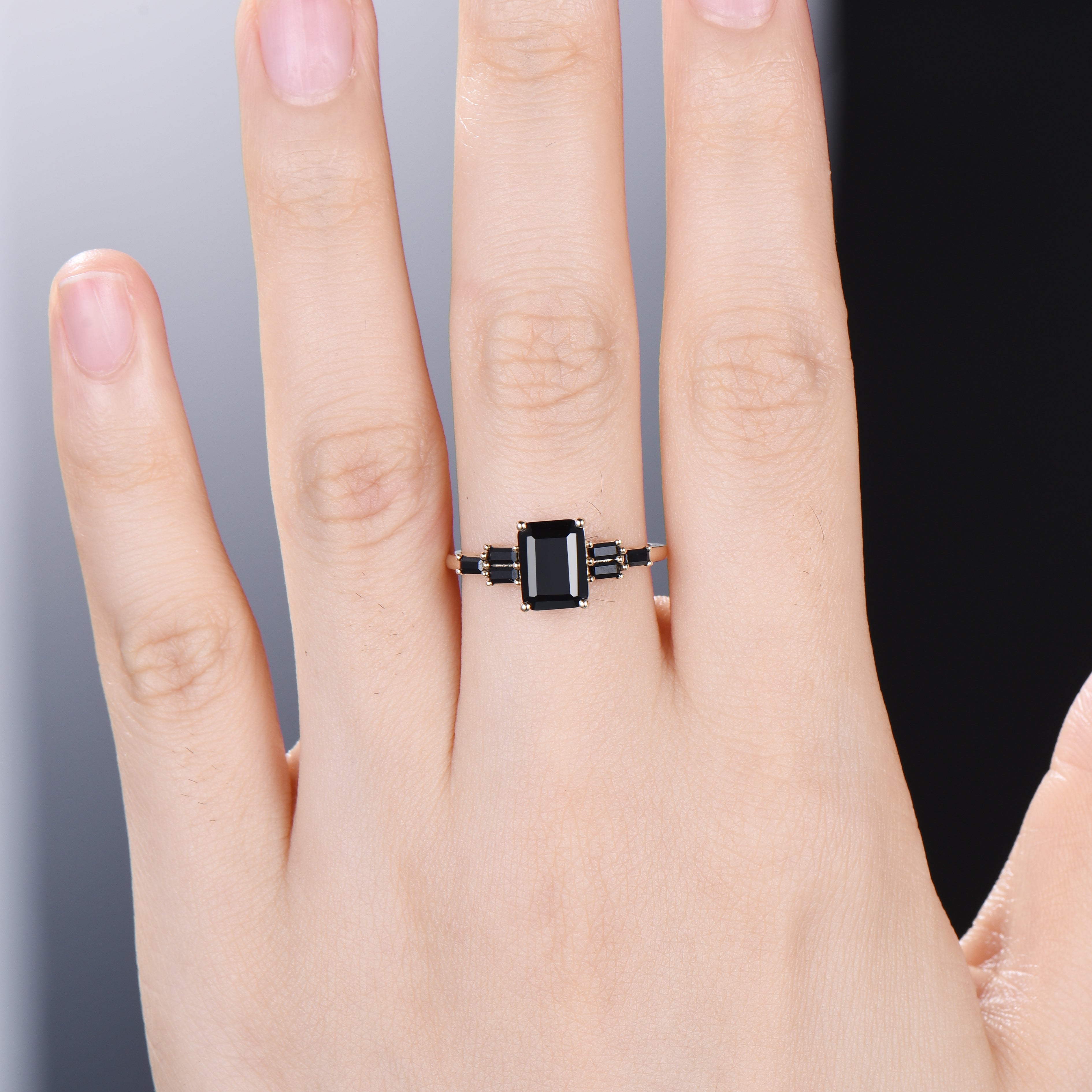 kite cut Black Onyx ring vintage unique engagement ring set 14k rose g –  WILLWORK JEWELRY
