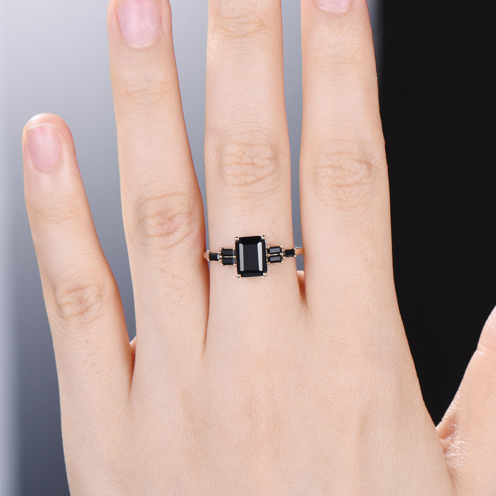 Natural Emerald Cut Black Onyx Engagement Ring Cluster Baguette Rose Gold Black Gemstone Wedding Ring Antique Anniversary Gift For Women - PENFINE