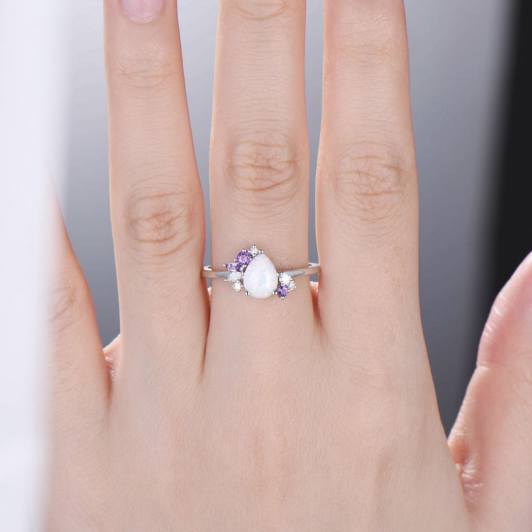 Unique fire opal engagement ring Vintage Teardrop white opal bridal ring silver alternative cluster amethyst wedding ring anniversary gift - PENFINE