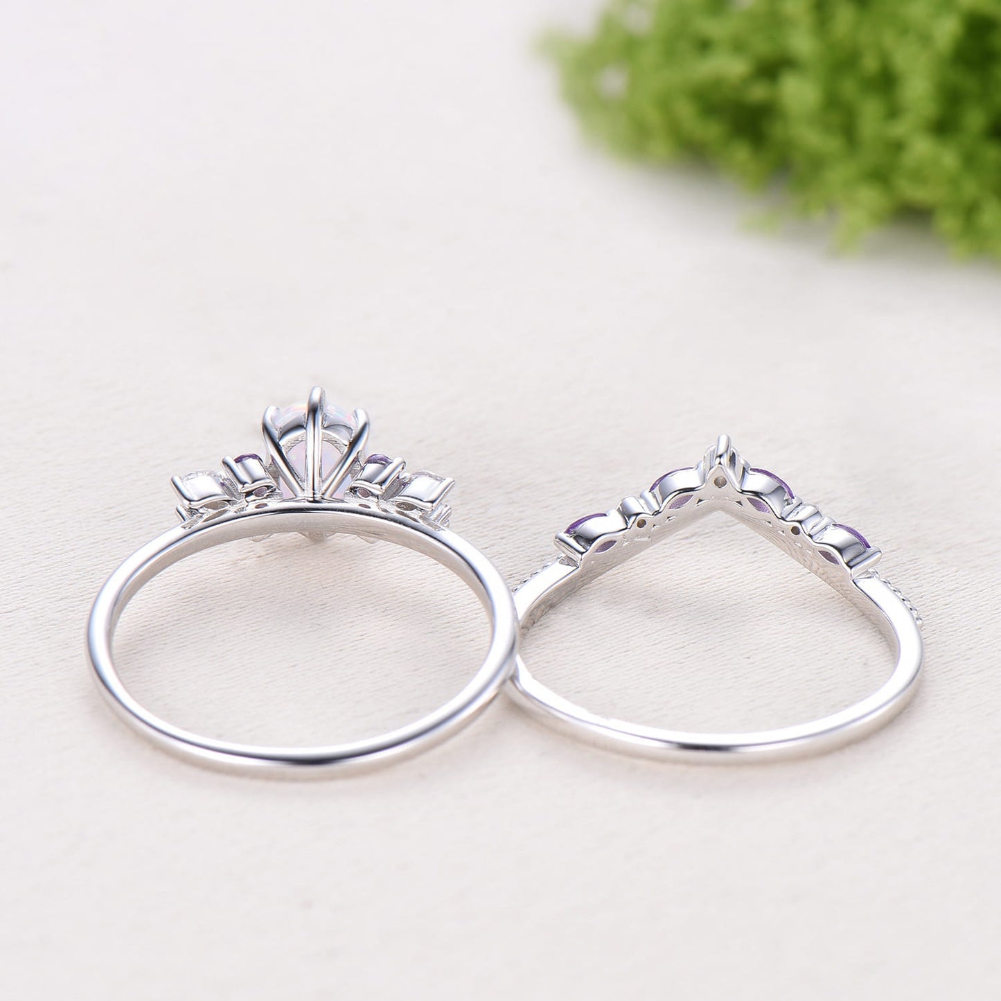 Unique White Opal Engagement Ring Set Alternative Cluster Amethyst Fire Opal Wedding Ring Vintage  Bee Opal Amethyst Bridal Set For Women
